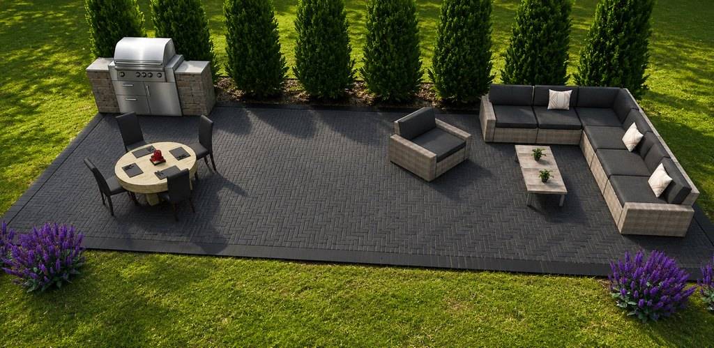 Loyal Landscaping 3D design rendering of a herringbone paver patio with a built-in grill station and seating