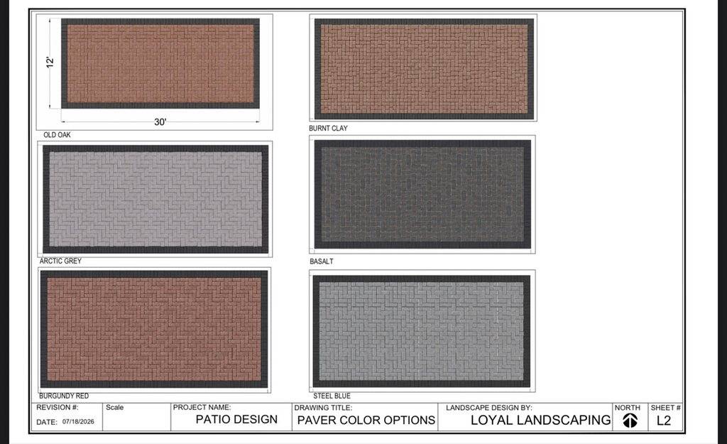 Loyal Landscaping design sheet L2 showing six paver color options for a 12 by 30 foot patio